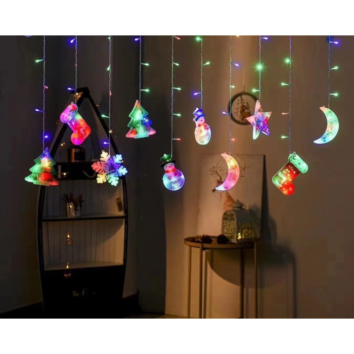 Гирлянда светодиодная рождественская штора с фигурками 3D, 5 фигур+звезды, мульти, от сети, в кор. 15*11*15см