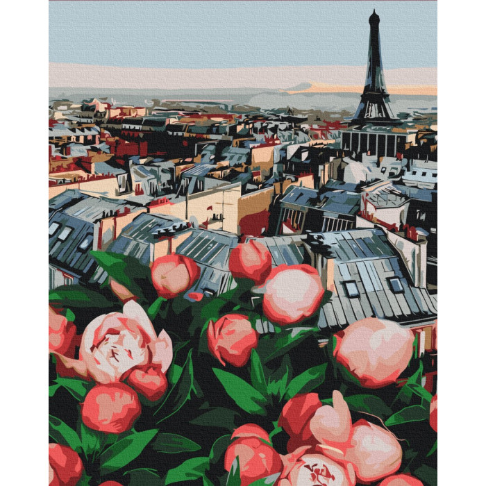 Картина по номерам Пионы с видом на Париж 40х50см, термопакет, ТМ Brushme, Украина