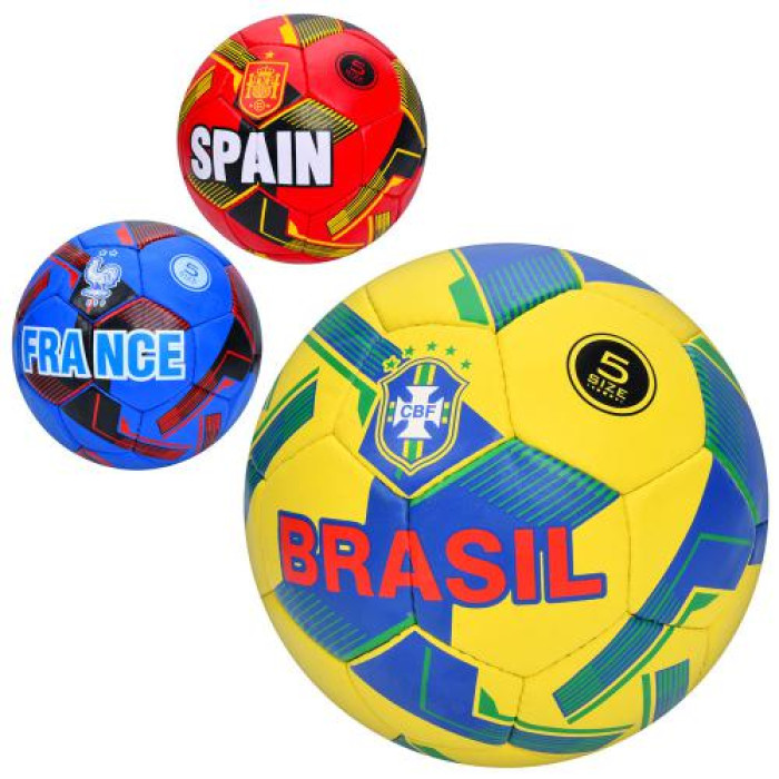 Мяч футбольный, размер 5, ПУ 1,4мм, ручная работа, 32 панели, 400*420г, 3 вида (страны), пак.  (30шт)