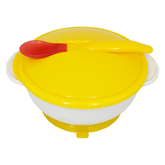 Тарелка на присоске с термоложкой и крышкой (желтая), в пак. 20*15см, ТМ MEGAZayka