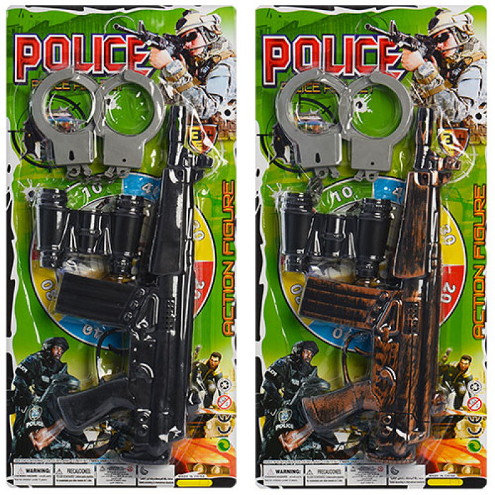 Набор полицейского, автомат-трещотка, бинокль, наручники, 2 вида, планшет 20*43*3см(144шт)
