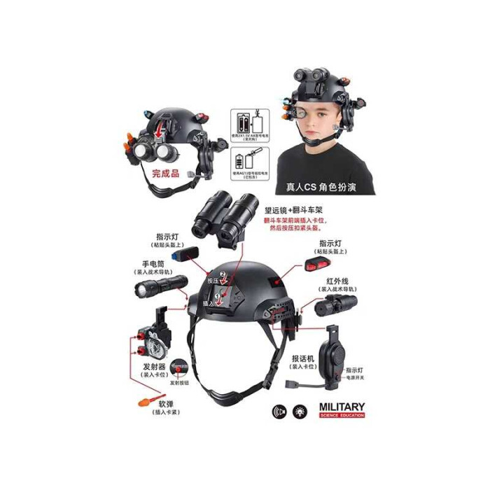Шлем запускатель фонарик, лазер, микрофон и динамик, бинокль, подсветка, в кор. 23*20*14см (24шт)