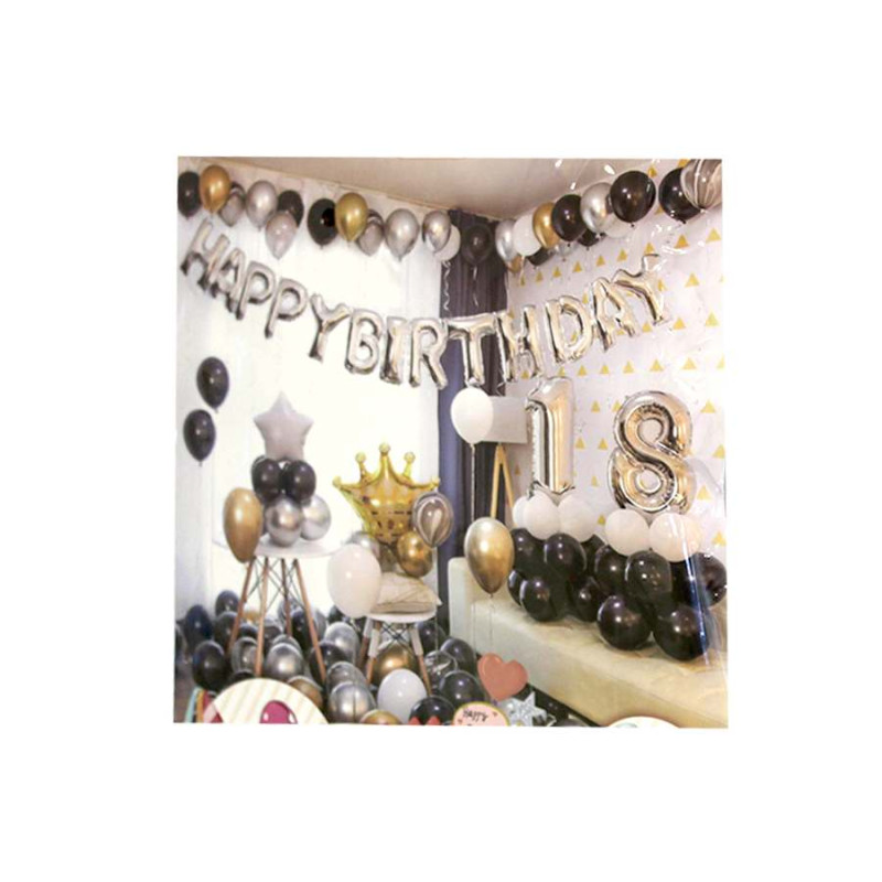 Набор шариков для декора Happy birthday 18. Дизайн в золотых, серебряных, черных тонах 34*26см