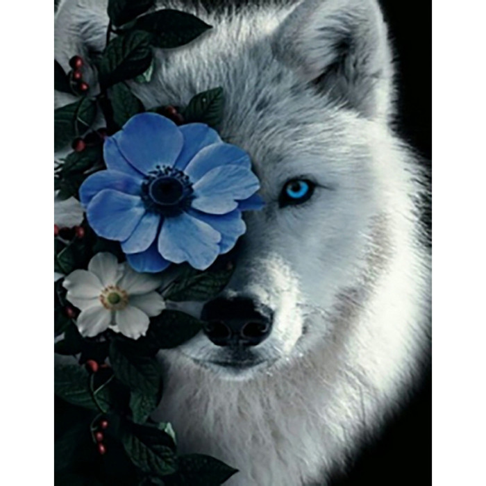 Алмазная мозаика Белый волк в цветках 35х45см круглые камни-стразы, без подрамника, 4 рейки, ТМ Стратег, Украина