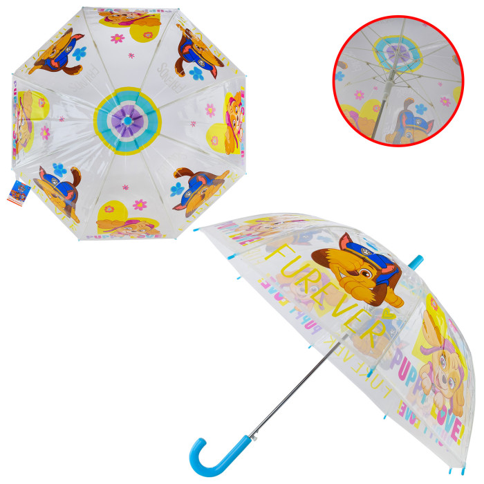 Зонтик детский Paw Patrol прозрачный купол, пласт спицы, длина 67см, диаметр купола 76см (60шт/5)