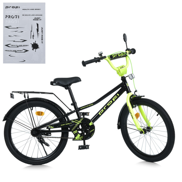 Велосипед дитячий PROF1 20д. MB 20015-1 (1шт) PRIME,SKD75,чорно-салатовий,дзвін.,ліхтар,багажник,подножка