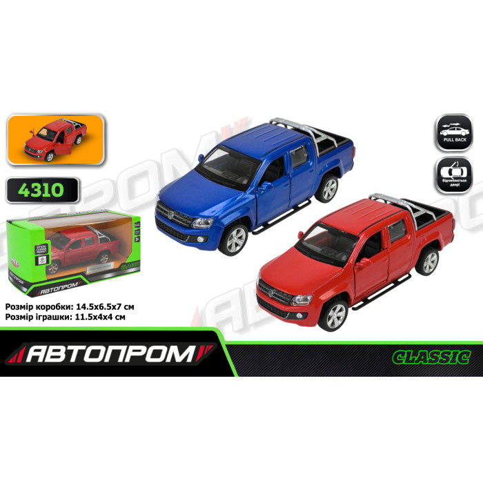Машина мет. АВТОПРОМ,1:46 Volkswagen Amarok, 2 кольори, відкр.двері,в кор. 14,5*6,5*7 см /96-2/