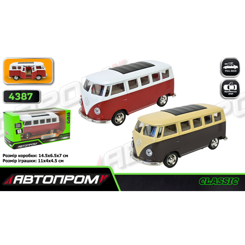 Машина мет. АВТОПРОМ 2 кольори 1:38 Volkswagen T1,відкр.двері,кор. 14,5*6,5*7см /96-2/