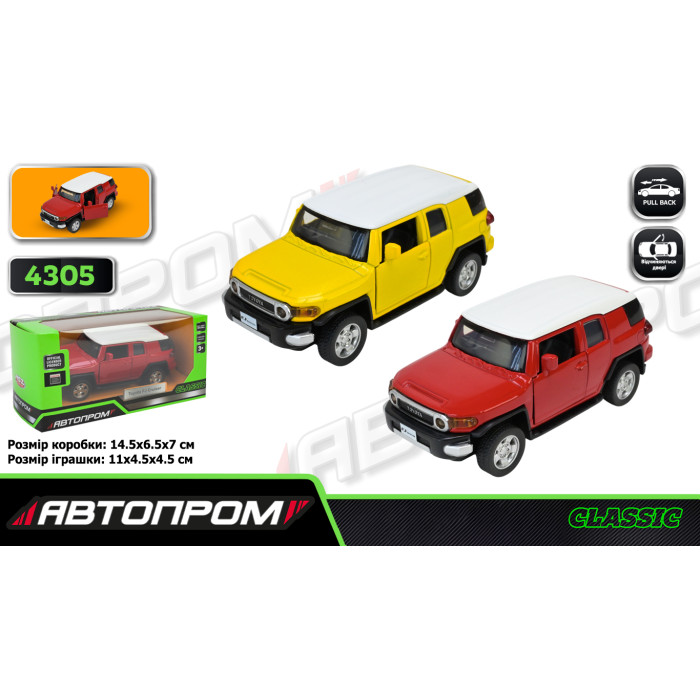 Машина мет. АВТОПРОМ, 1:43 TOYOTA FJ CRUISER, 2 кольор., відкр.двері,  кор.  14,5 * 6,5 * 7см /96-2/