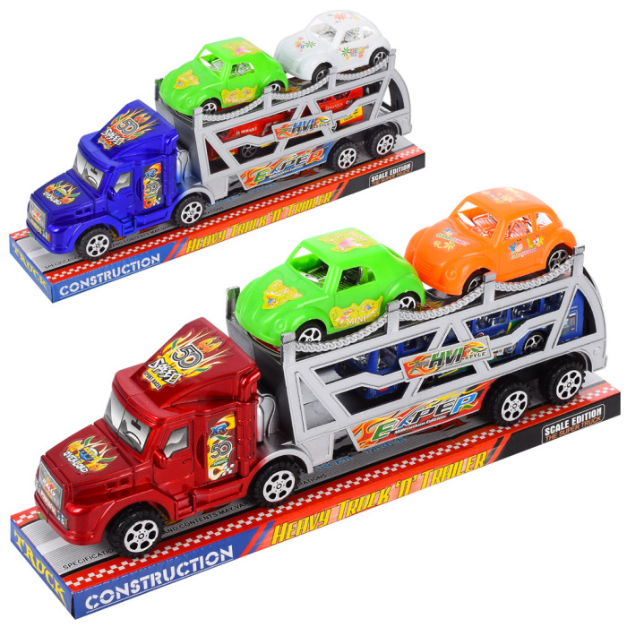 Трейлер транспорт, 2 види (автобус, машинка 2шт), мікс кольорів,у слюді, 31,5-6,5-12,5см /54/