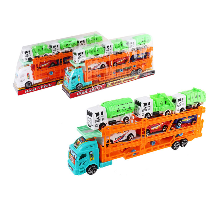 Трейлер 37 см, інерція, машинка 6шт, спецтехніка 3шт, 3 вида, у слюді ,40-17-7,5см /48/