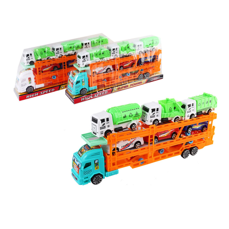 Трейлер 37 см, інерція, машинка 6шт, спецтехніка 3шт, 3 вида, у слюді ,40-17-7,5см /48/