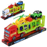 Трейлер інерція, 32см, вертоліт, машинка 2шт, мотоцикл 2шт, мікс кольорів, у слюді, 34,5-15-7см /36/