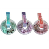 Набор канцелярський пастельний в пластиковій, круглій коробці, скріпки 25мм 40 шт, біндери 19мм 5 шт, кнопки гвоздики 7шт, скріпки 50 мм 15 шт, 3 кольори мікс, 12 наб/уп