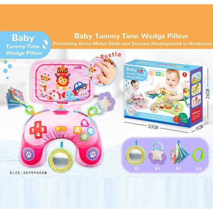 Розвивальна подушка шелесткі елементи, брязкальце, люстерко, м’яка книжечка, гумовий прорізувач, кріплення, в кор. 33*9*26 см/48/