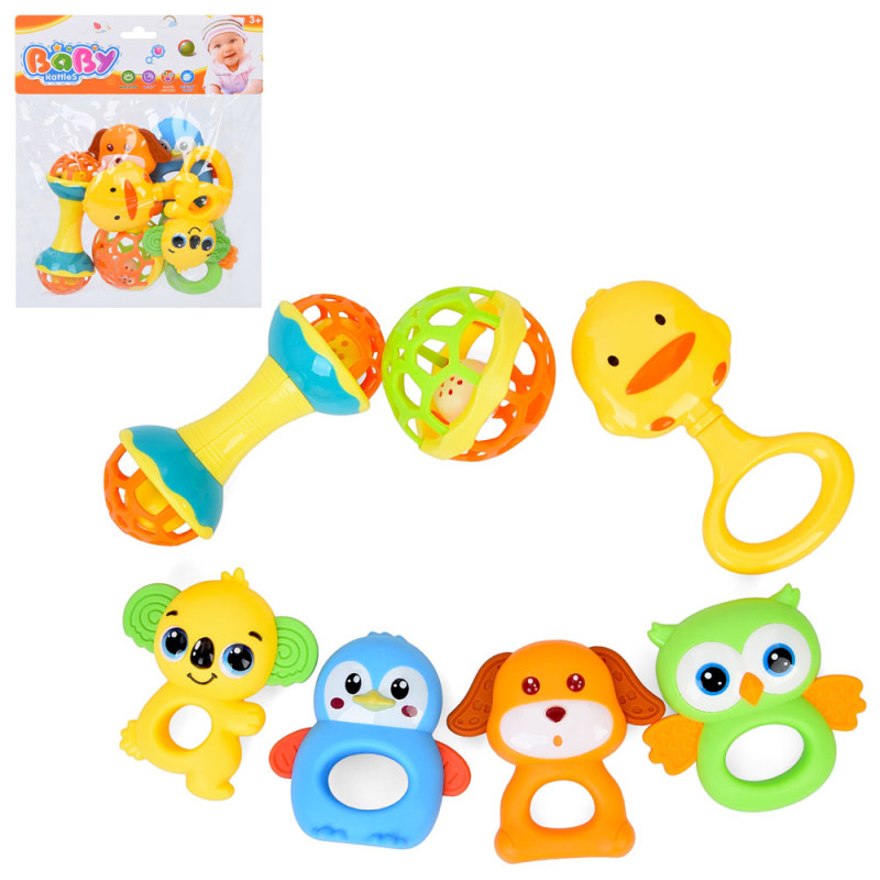 Брязкальце набір 7шт (тварини, м'яч, гиря), від 8см до 13см, прорізувач, у п/е, 22-26-7см /60/