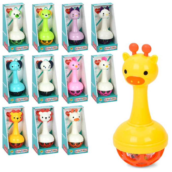 Брязкальце 15см, тварина/пташка, прорузувач, 6 видів по 2 кольори, в кор-ці, 8,5-18-8см /180/