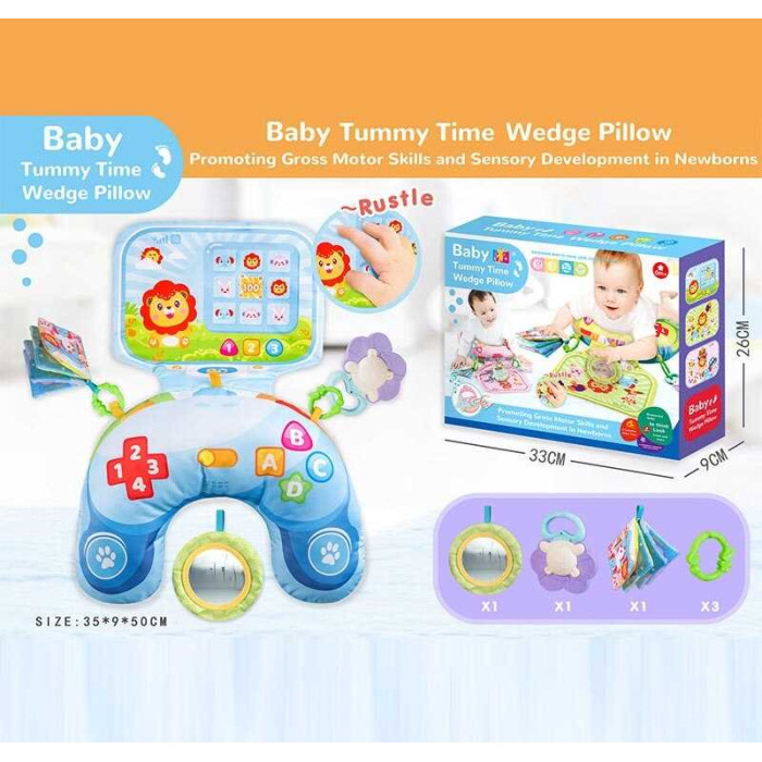 Розвивальна подушка шелесткі елементи, брязкальце, люстерко, м’яка книжечка, гумовий прорізувач, кріплення, в кор. 33*9*26 см/48/