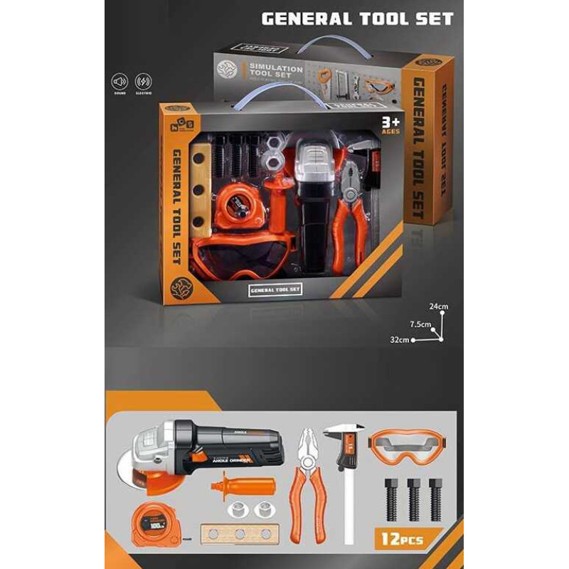 Набір інструментів 12 елементів, автоматична болгарка, на батарейках, аксесуари, у кор. /48-2/