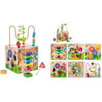 Куб логічний, дерев’яний, ксилофон, 5 нот, годинник, пальчикові лабіринти, сортер, геометричні фігурки, рухомі шестерні,17,5*16,5*16 см, в кор. /12/