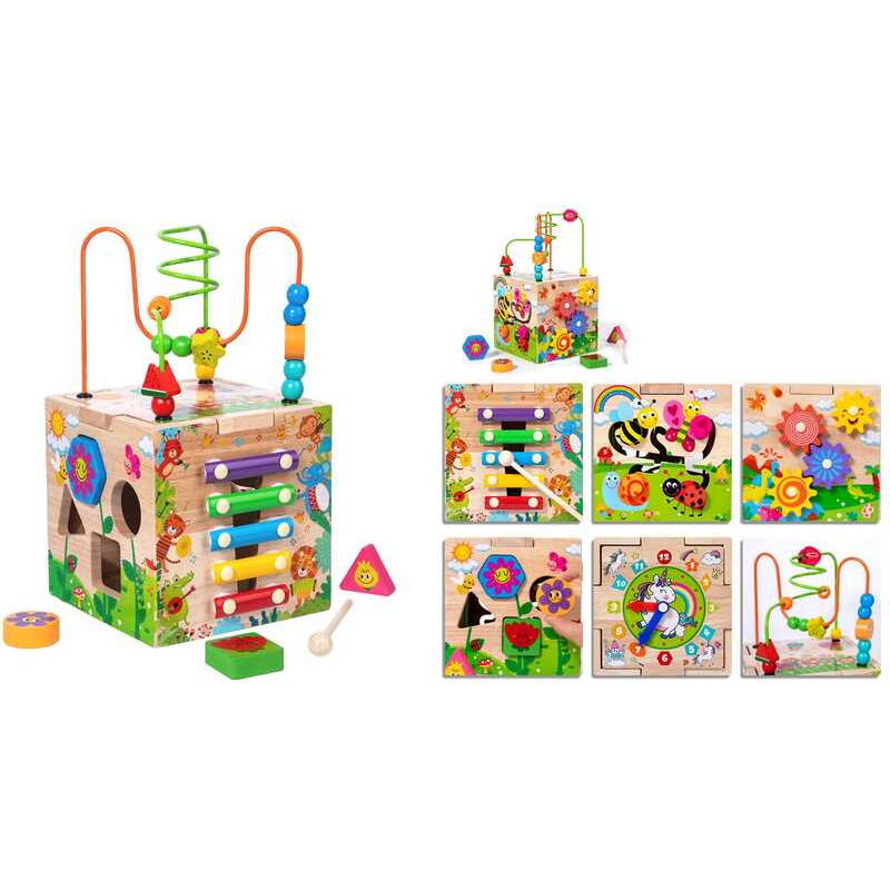 Куб логічний, дерев’яний, ксилофон, 5 нот, годинник, пальчикові лабіринти, сортер, геометричні фігурки, рухомі шестерні,17,5*16,5*16 см, в кор. /12/