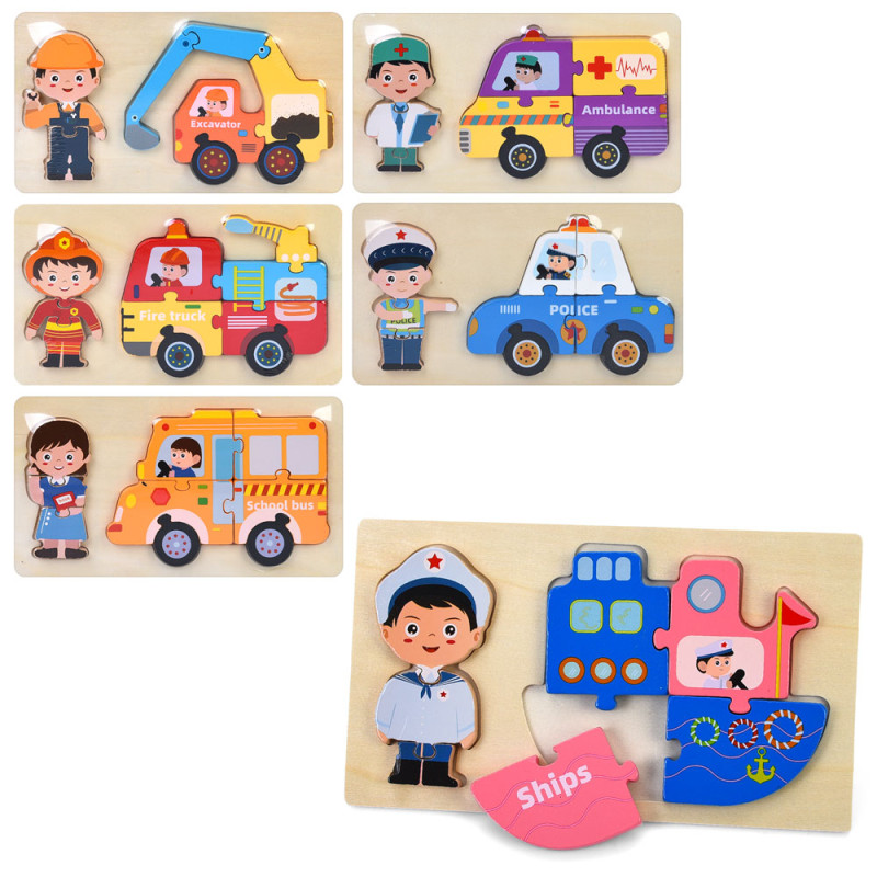 Дерев'яна іграшка Пазли фігурка+транспорт (професії), назви англ., 6 видів, у п/е, 22,5-13-1см /70/
