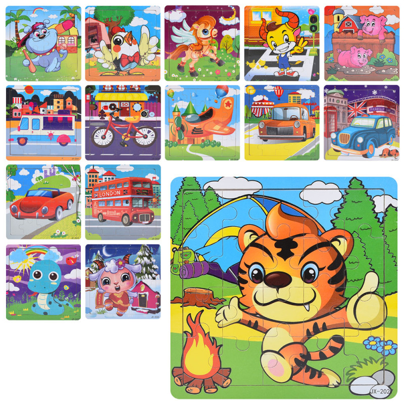 Дерев'яна іграшка Пазли 16дет, мікс видів, у п/е, 15-15-0,5см /100/