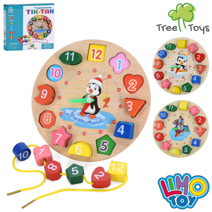 Дерев'яна іграшка Годинник 17,5см, рамка-вкладиш, фігури-цифри, шнурівка, 3 види, в кор-ці, 18-17,5-2,5см /40/