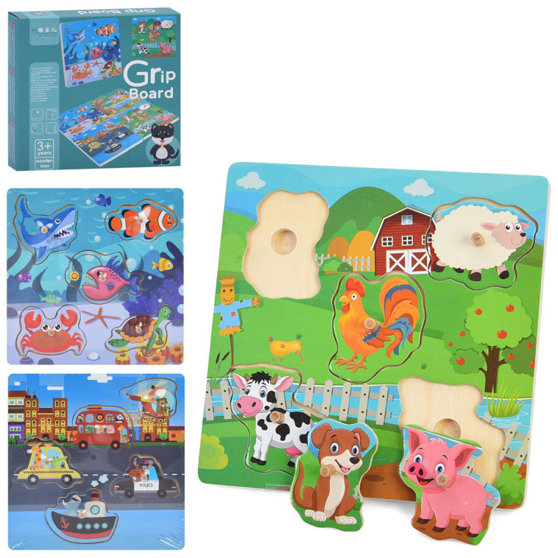 Дерев'яна іграшка Рамка-вкладиш з ручкою, 5 фігур, ігрове поле 15-15см, 3 види, у кор-ці, 15,5-15,5-2,5см /60/