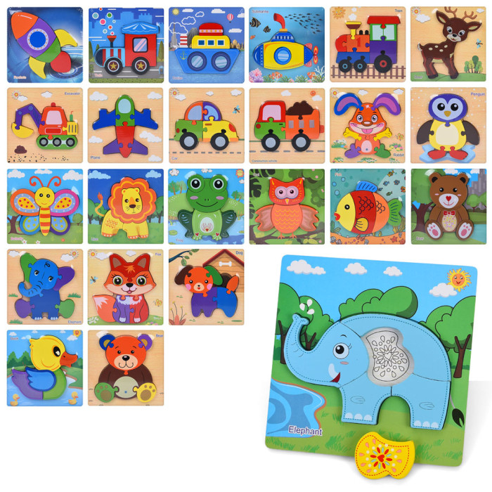 Дерев'яна іграшка Пазли від 4дет, 24 види (транспорт, тварини, птахи, метелик), у п/е, 14,5-14,5-1см /50/