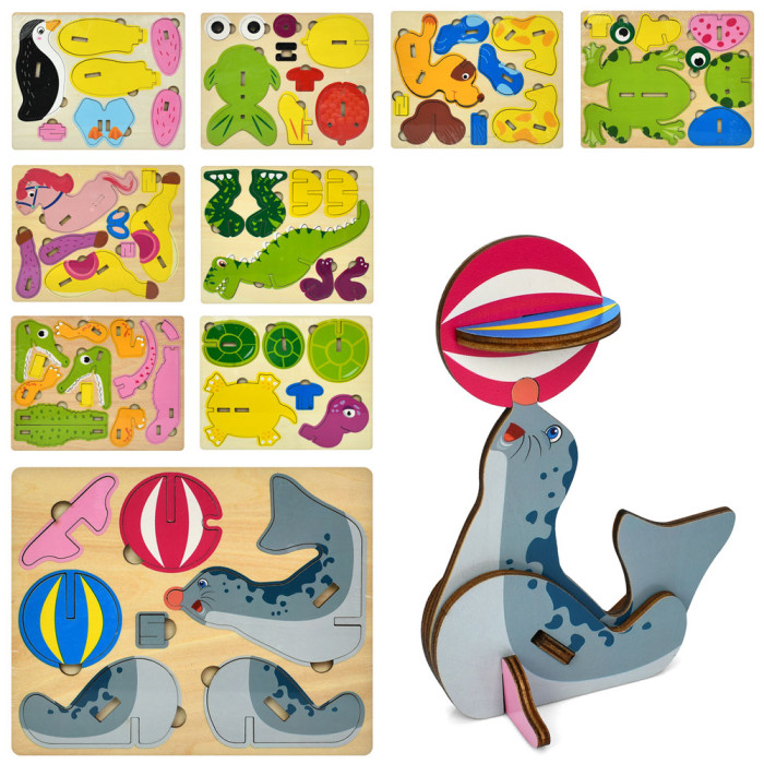 Дерев'яна іграшка Пазли 3D, мікс видів(тварини, транспорт, птахи, морськи мешканці), п/е 18-15-0,5см /90/