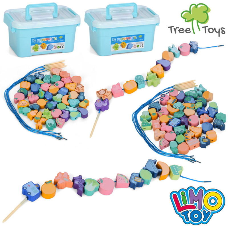 Дерев'яна іграшка Шнурiвка овочі, фрукти, назви англ., шнурок 5шт, 2 види (тварини, транспорт), в чемодані, 18-9-12,5см /24/