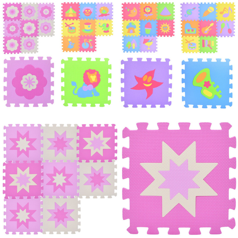 Килимок Мозаїка EVA, 9дет, (9мм, 30-30см), 2 види(квіти, зірки), в пакеті, 30-30-8см /12/