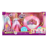 Лялька з каретою підсвічування, висота ляльки 30 см, шарнірні кінцівки, намисто, корона, кінь із сідлом, карета, дверцята відчиняються, в кор. /6/