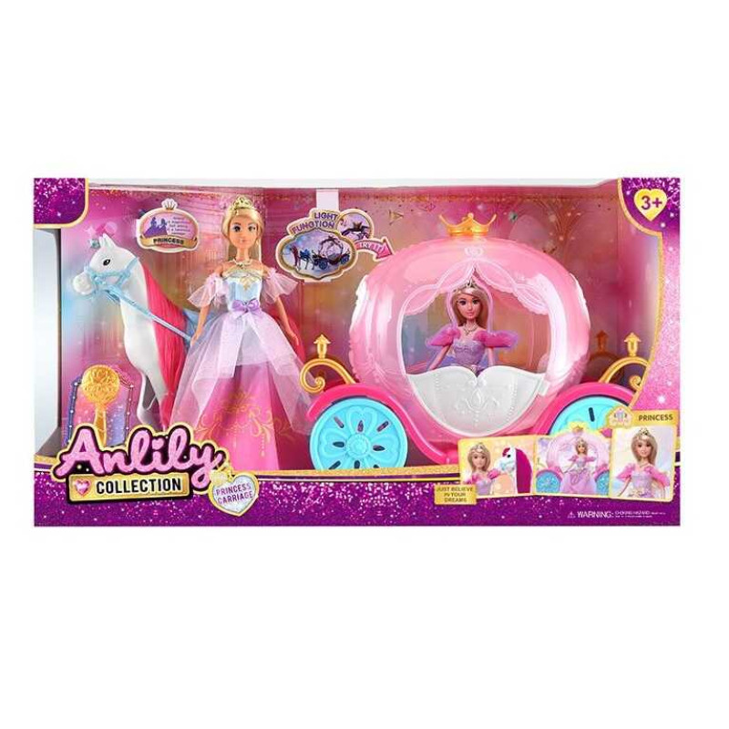 Лялька з каретою підсвічування, висота ляльки 30 см, шарнірні кінцівки, намисто, корона, кінь із сідлом, карета, дверцята відчиняються, в кор. /6/