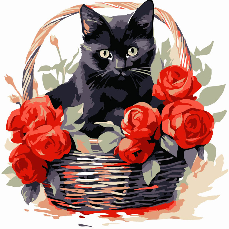 Набір для розпису по номерах Чорна кішка з трояндами Strateg розміром 20х20 см (HH8009)