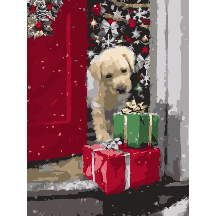 Набір для розпису по номерах Strateg Песик із подарунками розміром 30х40 см (SS1232)
