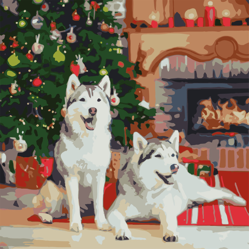 Набір для розпису по номерах Хаскі біля каміну Strateg розміром 40х40 см(FF-1004)
