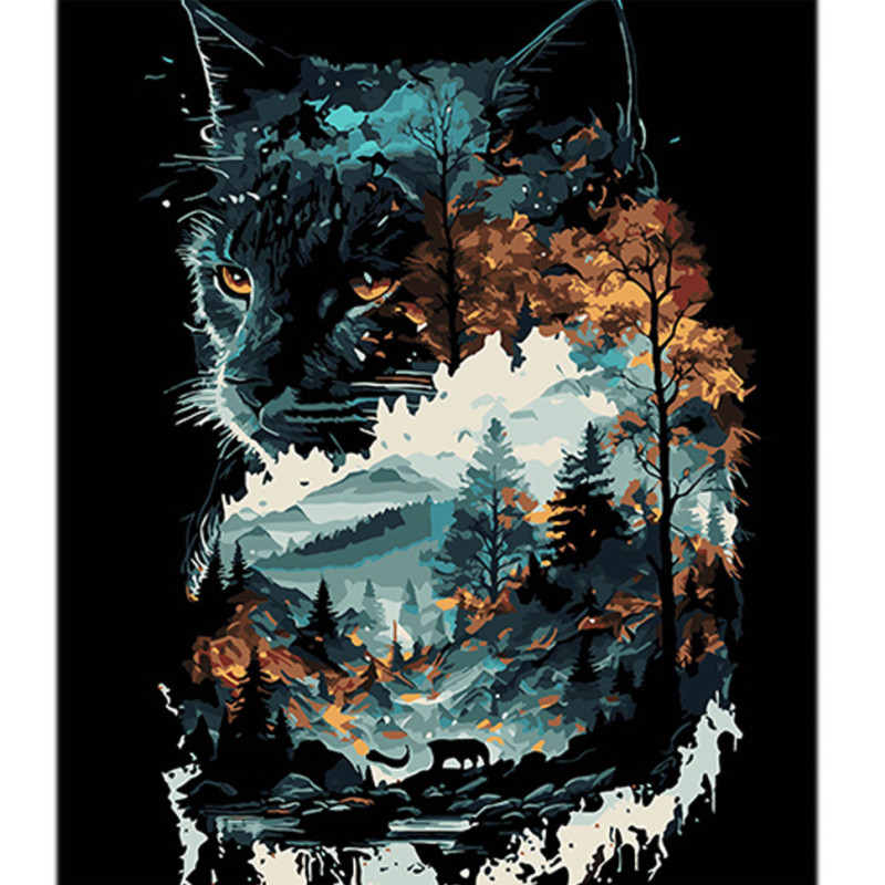 Набір для розпису по номерах Кішка в подвійній експозиції Strateg на чорному фоні розміром 40х50 см (AH1128)