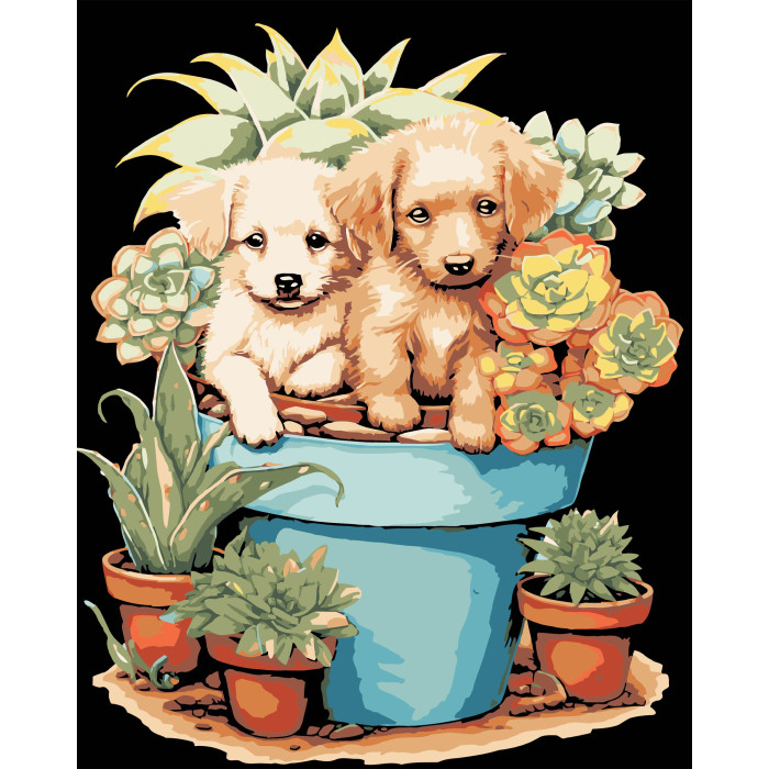 Набір для розпису по номерах Цуценяти Strateg на чорному фоні розміром 40х50 см (AH1192-16)