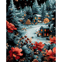 Набір для розпису по номерах Домівки у засніжених ялинках Strateg на чорному фоні 40х50 см (AH1242)