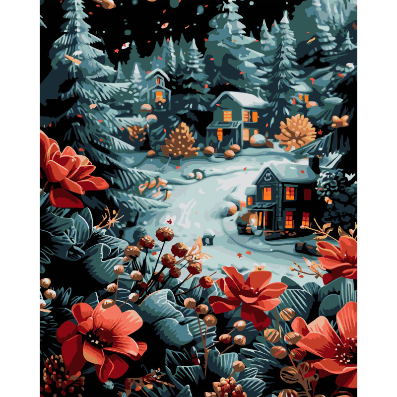 Набір для розпису по номерах Домівки у засніжених ялинках Strateg на чорному фоні 40х50 см (AH1242)