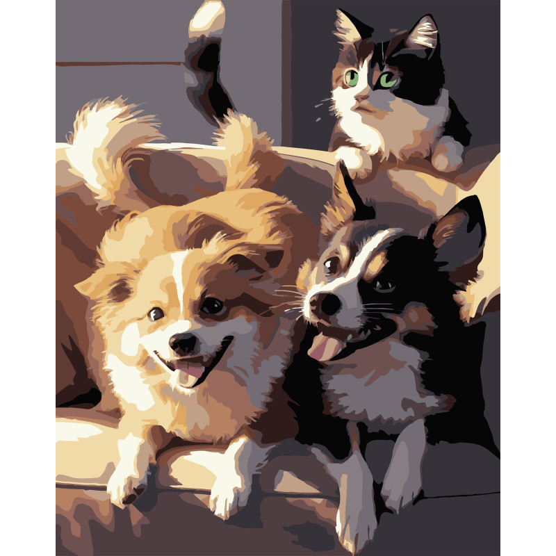 Набір для розпису по номерах Дві собаки і кіт Strateg на чорному фоні розміром 40х50 см (AH1190-17)