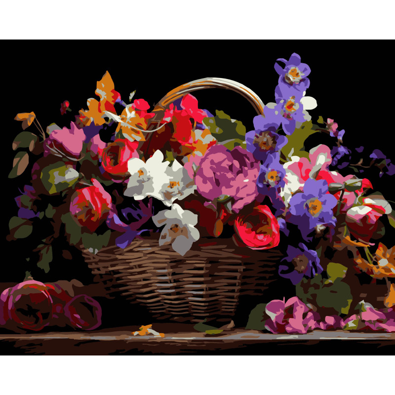 Набір для розпису по номерах Кошик різнокольорових квітів Strateg на ч. фоні р. 40х50 см AH1213-19