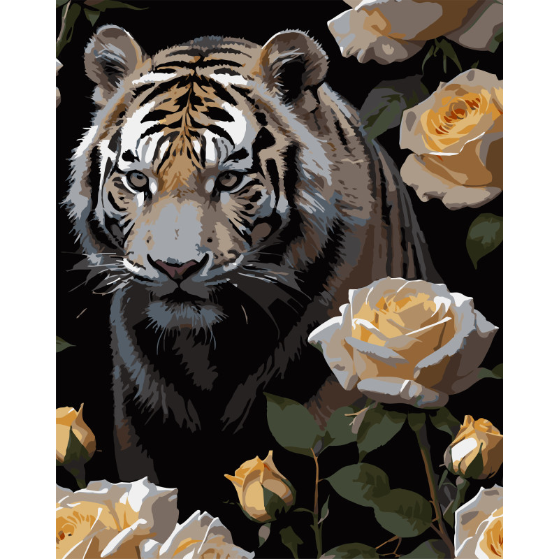 Набір для розпису по номерах Тигр у трояндах Strateg на чорному фоні розміром 40х50 см (AH1180-19)