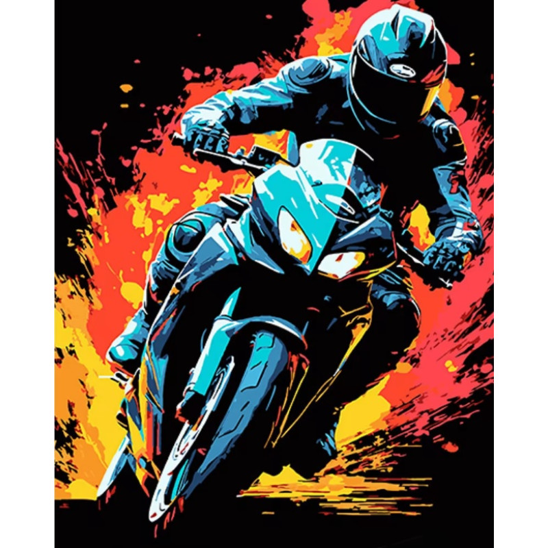 Набір для розпису по номерах Мотоцикліст на байку Strateg на чорному фоні розміром 40х50 см (AH1069)