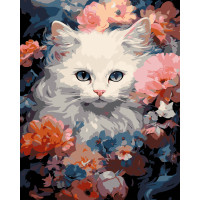 Набір для розпису по номерах Біла кішка Strateg на чорному фоні розміром 40х50 см (AH1214-19)