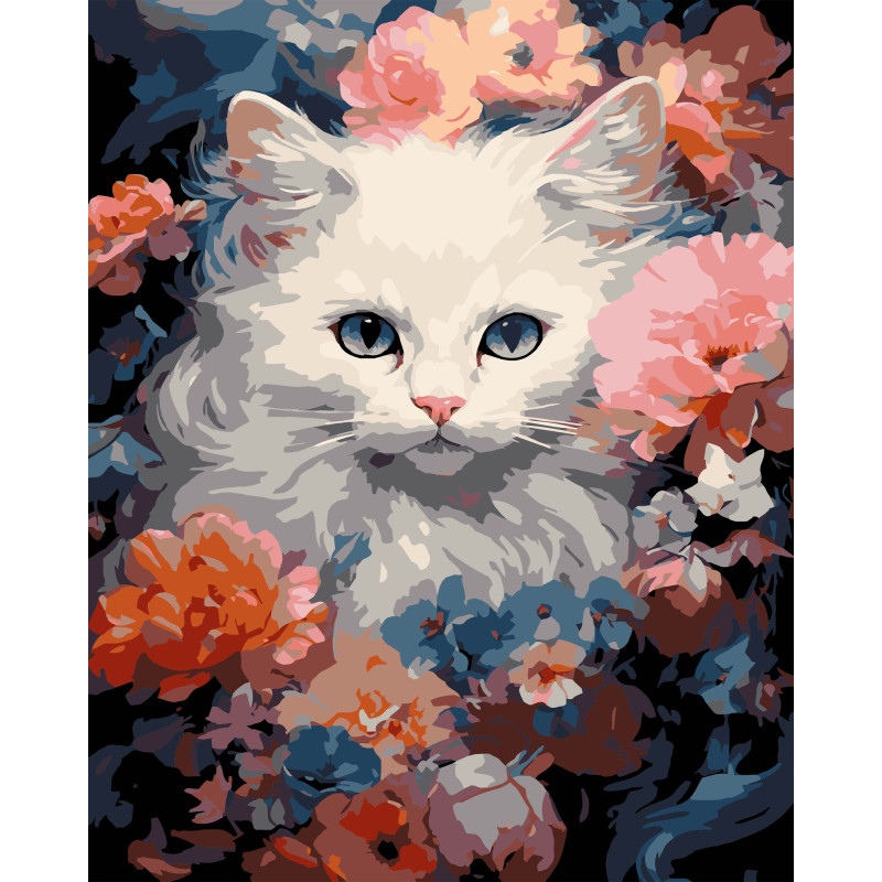 Набір для розпису по номерах Біла кішка Strateg на чорному фоні розміром 40х50 см (AH1214-19)