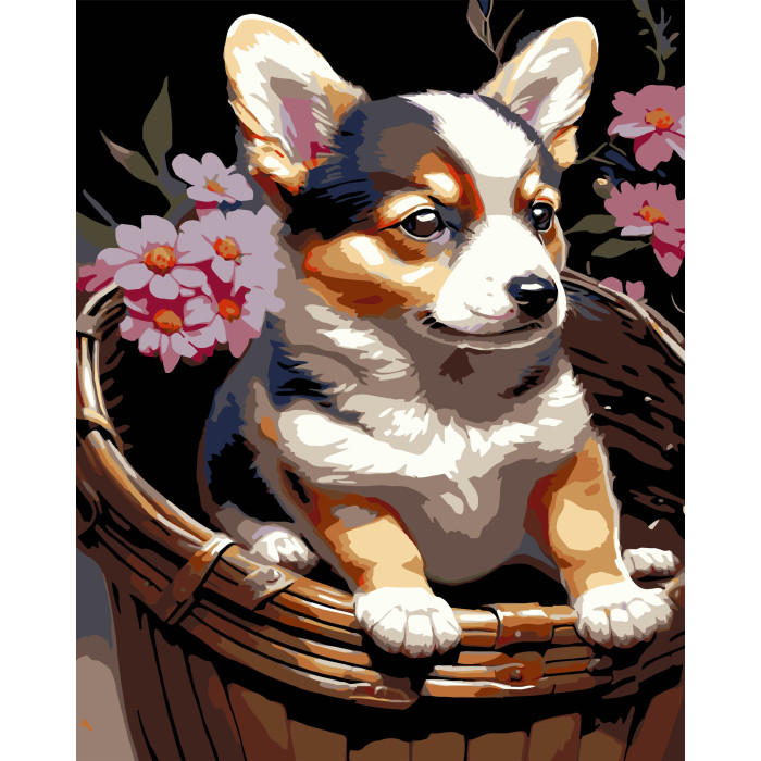 Набір для розпису по номерах Цуценя у кошику Strateg на чорному фоні розміром 40х50 см (AH1220-19)