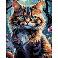 Набір для розпису по номерах Кіт в саду Strateg на чорному фоні розміром 40х50 см (AH1182-19)